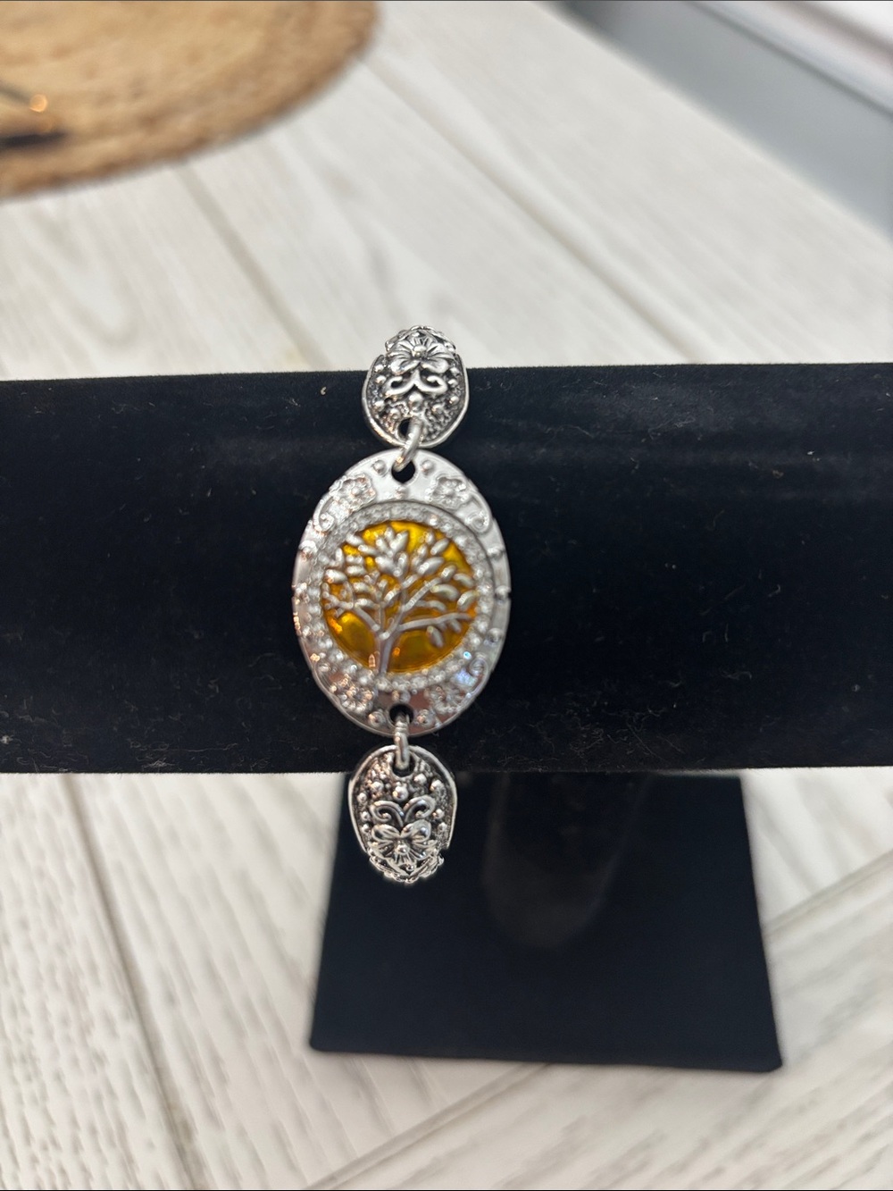 Silver Tree of Life Drop Snap Bracelet with Amber Accent